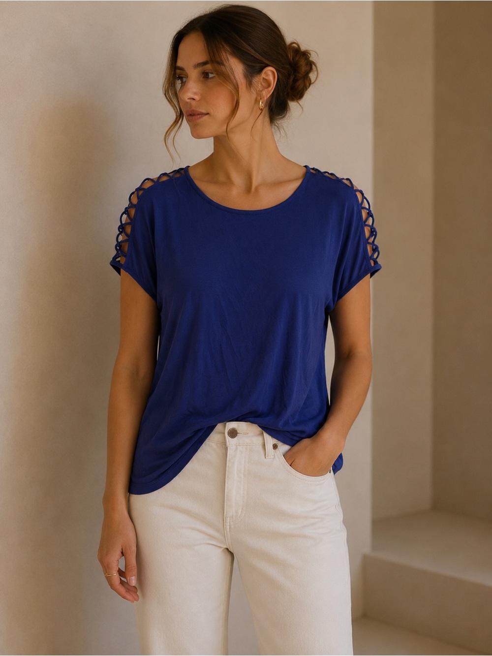 Tahari Navy Blue Short Sleeve Top with Lattice Shoulder Detail Size Large NWT